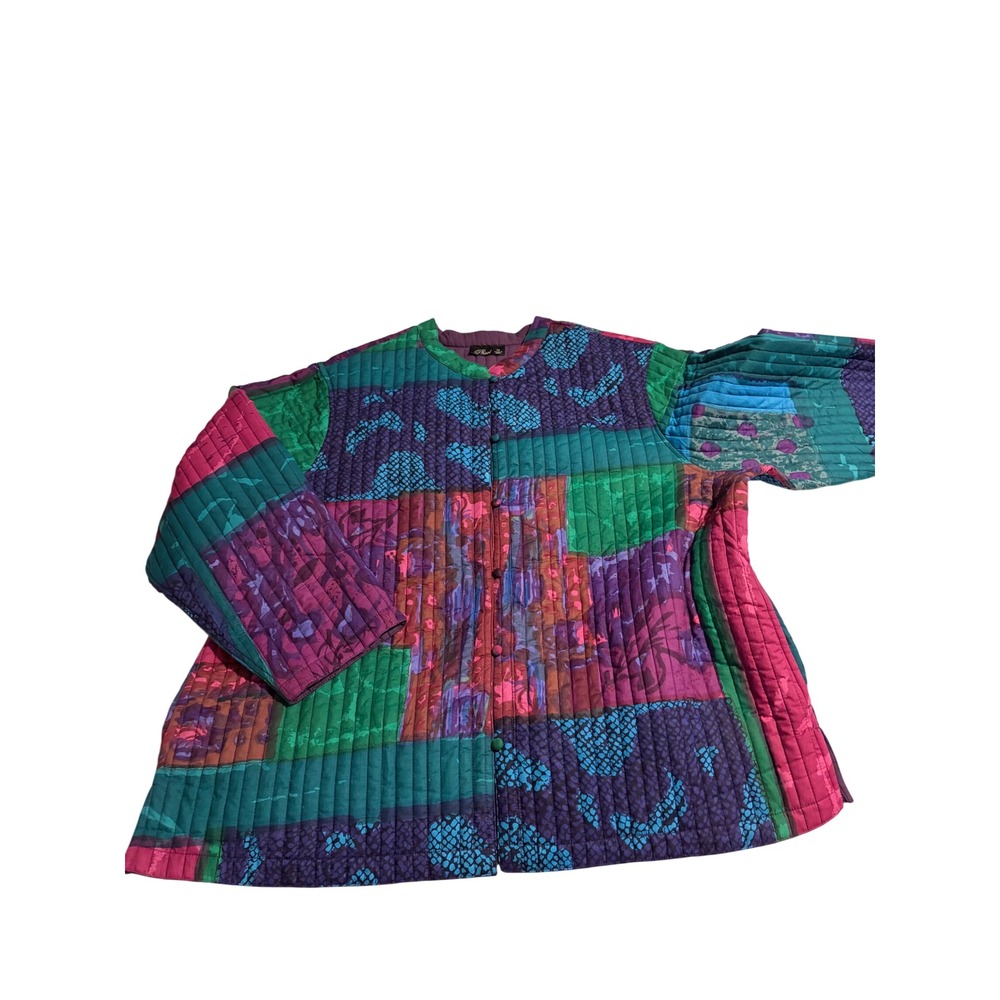 Quilted Jacket Art to Wear Patchwork Multicolor Loop Button 3X Plus Size